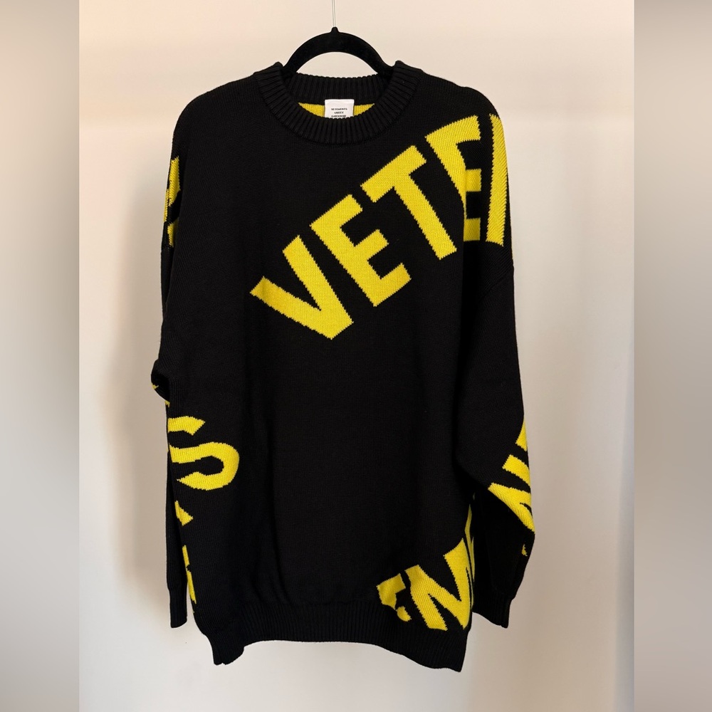 VETEMENTS Neon Yellow / Black Oversized Logo Sweater — Size M